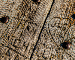 Visitors have left their marks on this cedar bench at North Bay, Door County, WI.