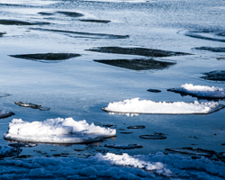 At Death's Door snow white ice floes meander in the wintry bay waters.