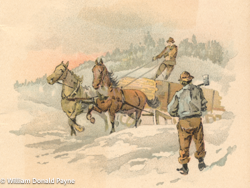 This watercolor reprint from an 1895 shoe catalog captures the spirit of lumbering that supported a growing America.