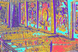 A row of pinball machines form an abstract, geometric, kaleidoscopic painting.