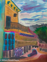 A lonely store front watches over a fantastical landscape. Watercolor, 12 x 16 inches, $200.