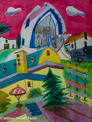 Shape your imagination into a fish-eye lens to see the vivid colors and architectural shapes that define the parameters of village life. Watercolor, 18 x 24 inches, $500.