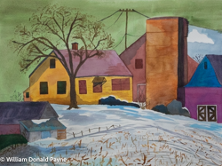 A colorful geometric farm complex clashes with a subdued winter landscape. Watercolor, 18 x 24 inches, $500.